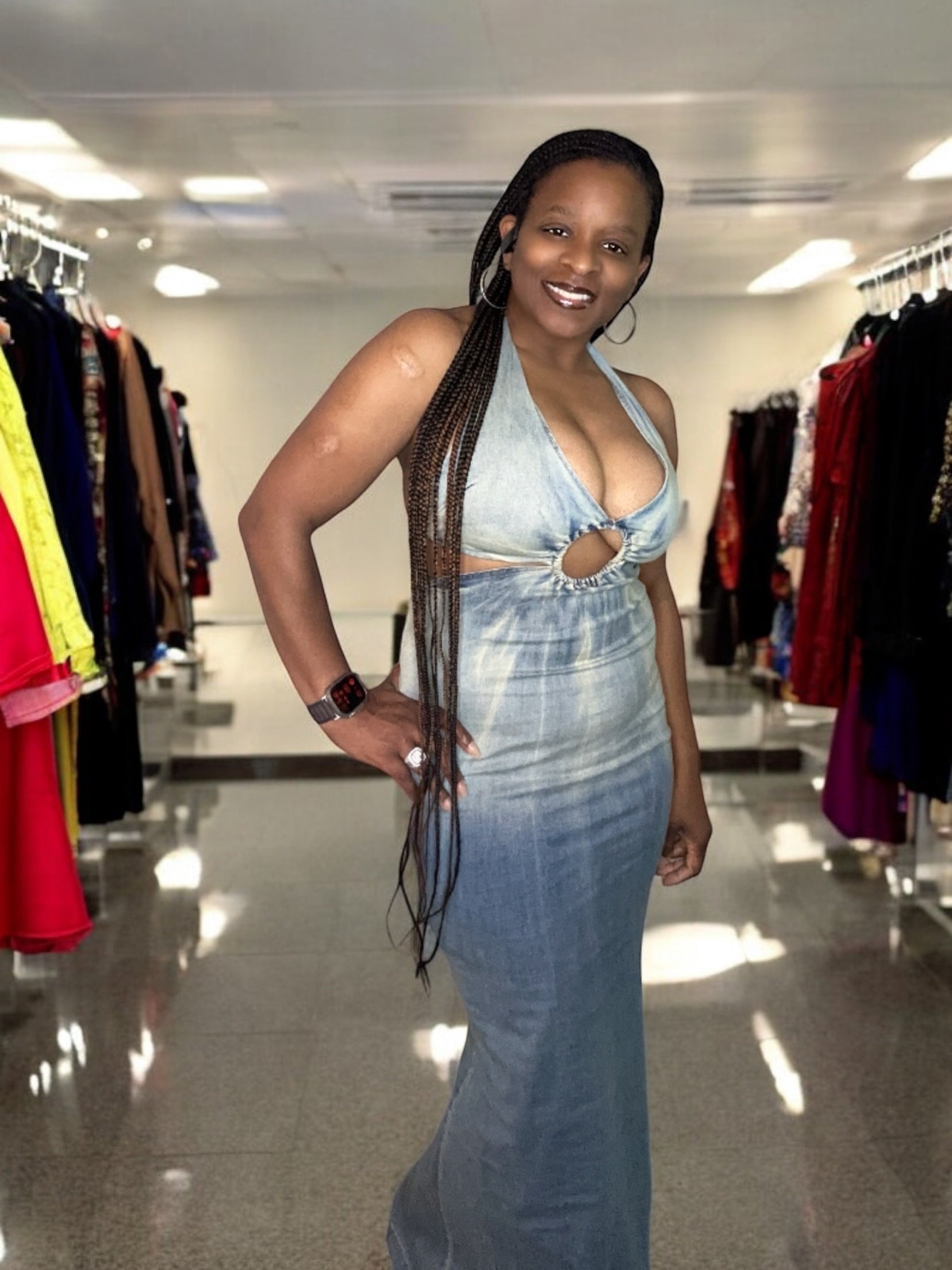 The Keep Up Halter Maxi Jean Dress