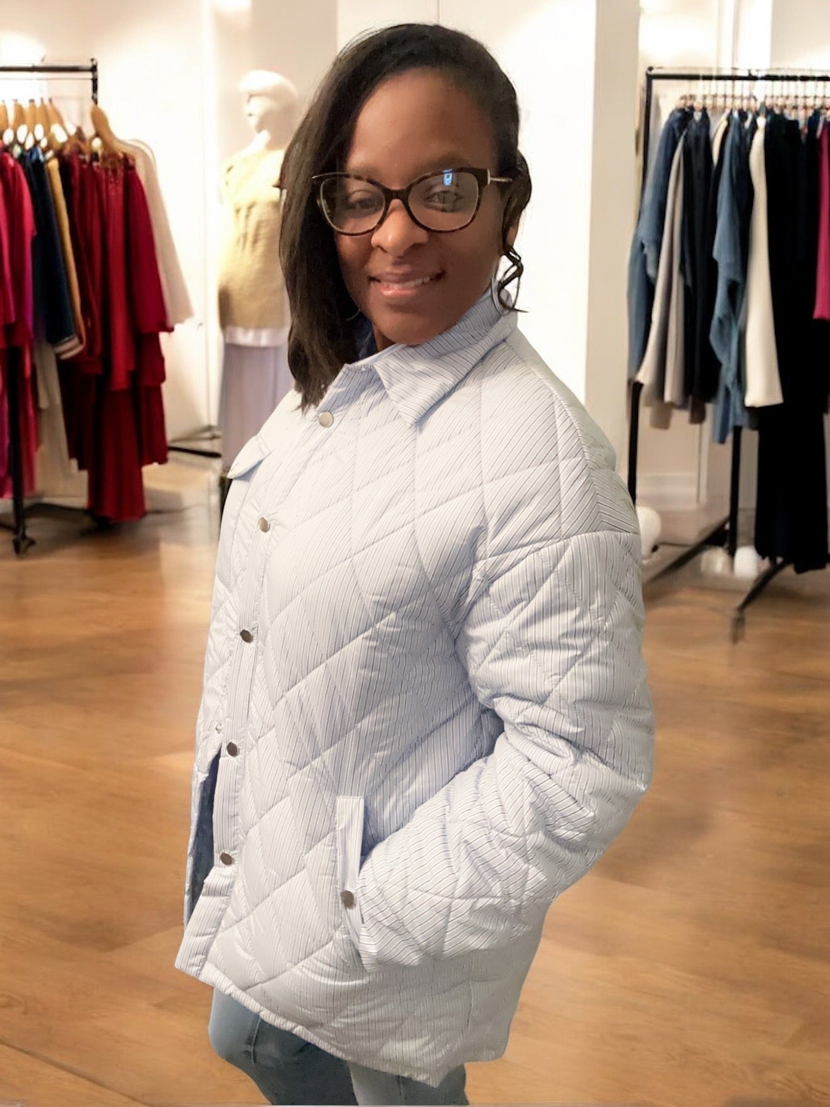 Pinstripe Windbreaker Puffer Jacket