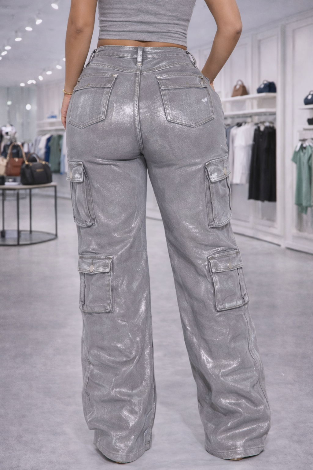 Grey Metalic Cargo Jeans