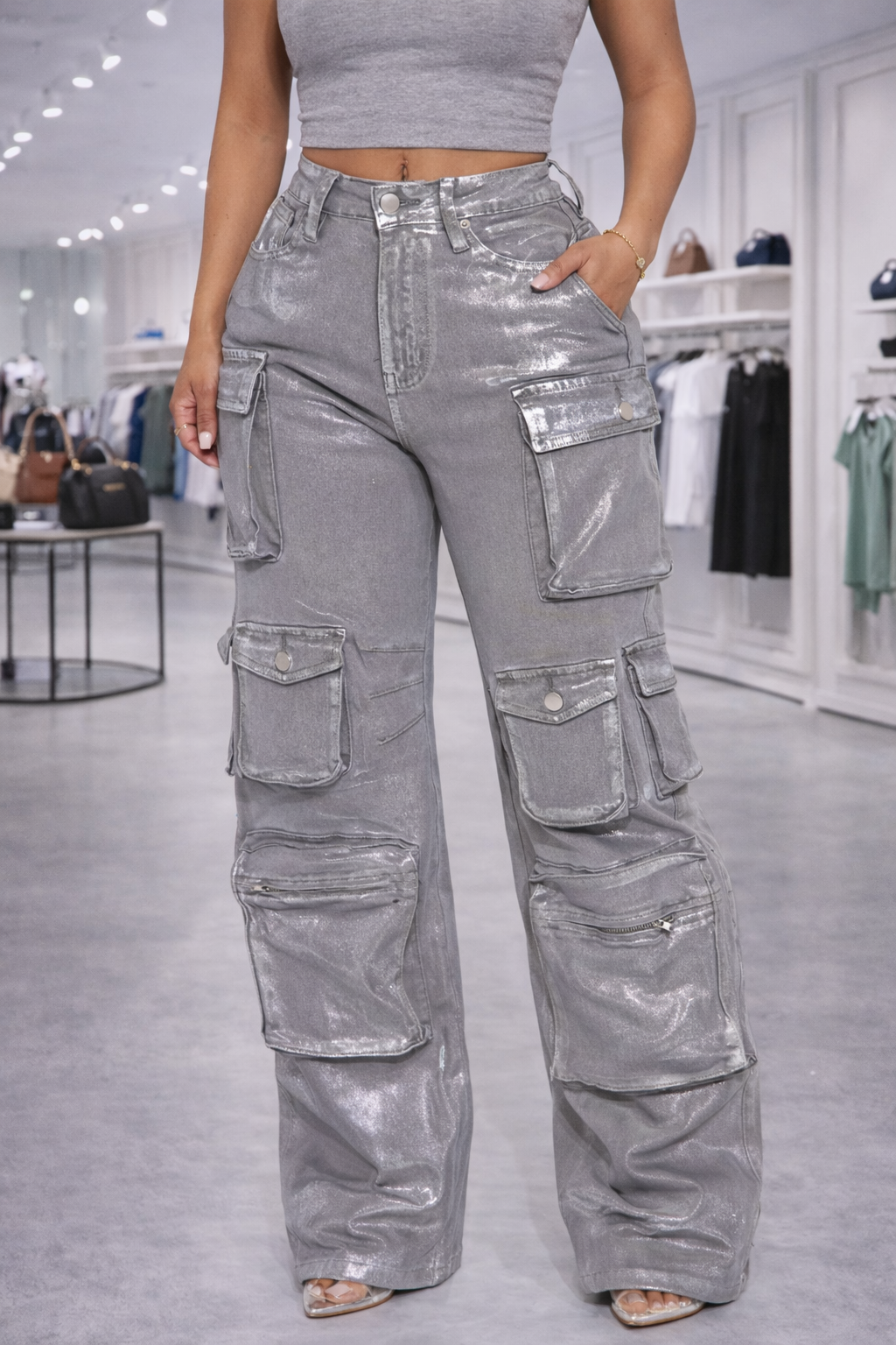 Grey Metalic Cargo Jeans