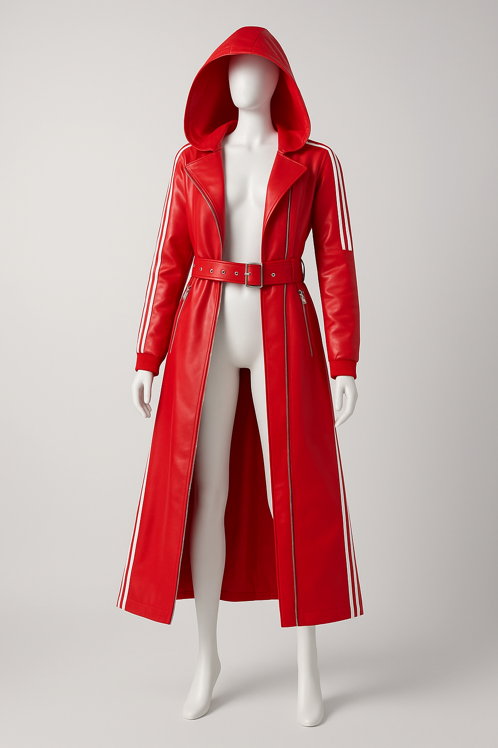 The Red Stripes Hooded Trench Coat