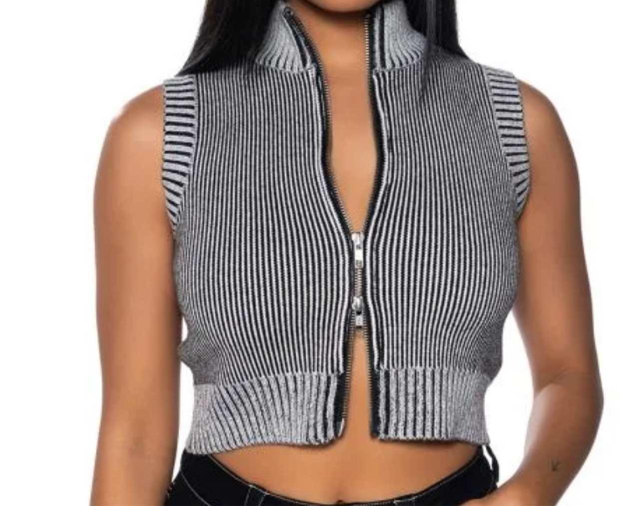 Grey stripped Zipped front Top