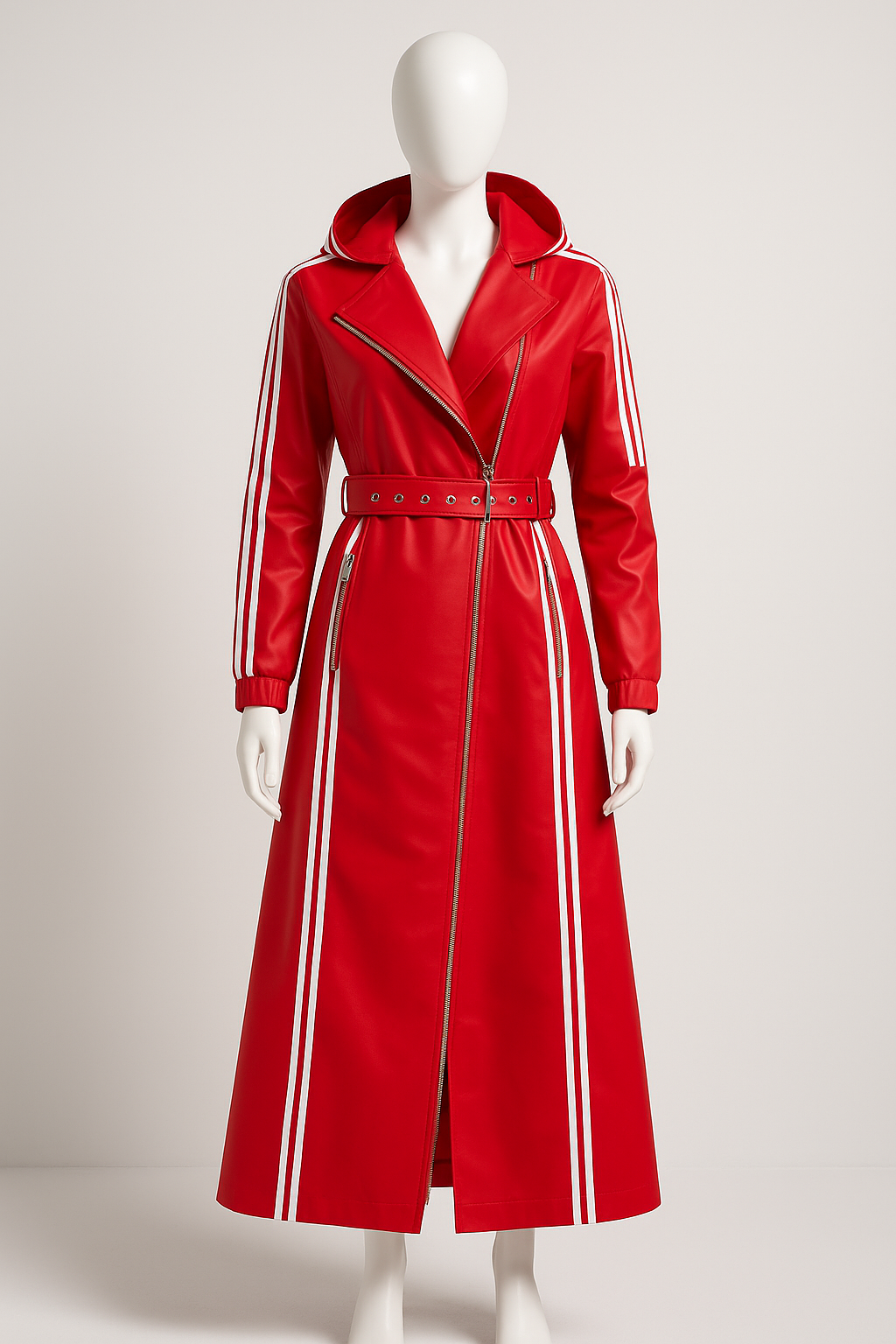 The Red Stripes Hooded Trench Coat
