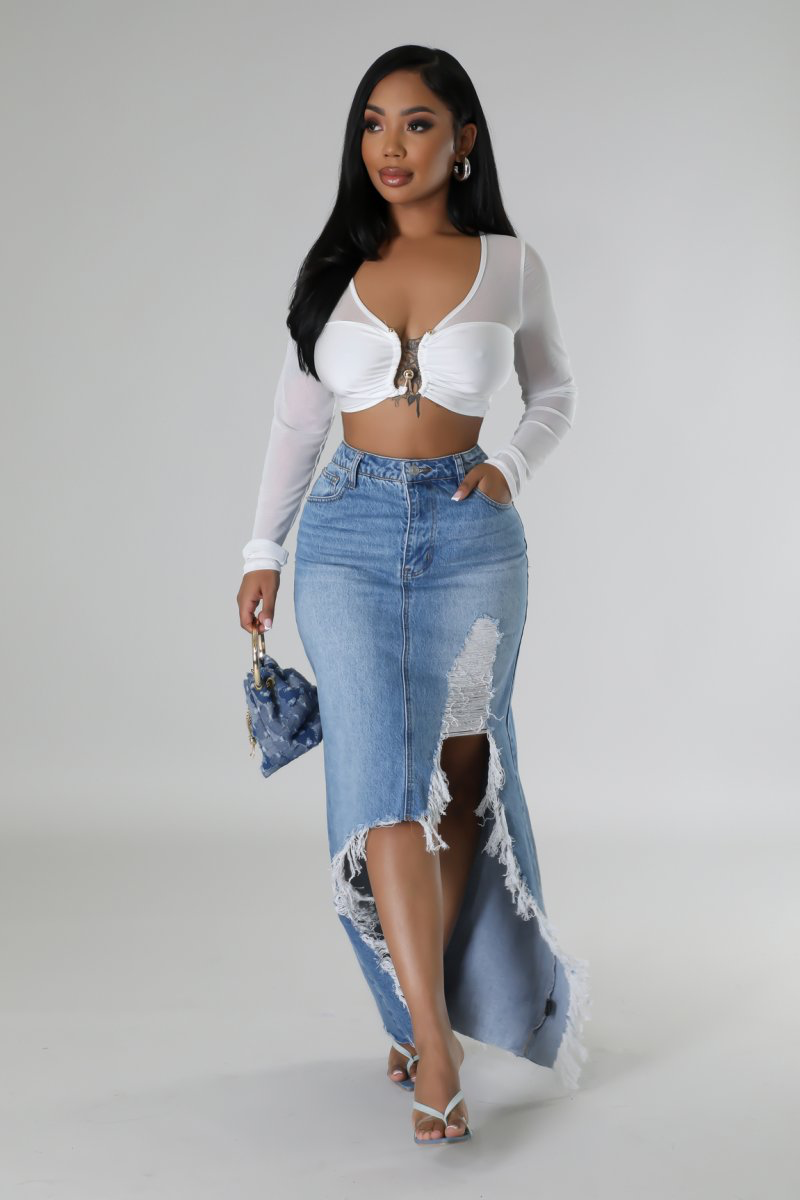 High Front Denim Maxi Skirt