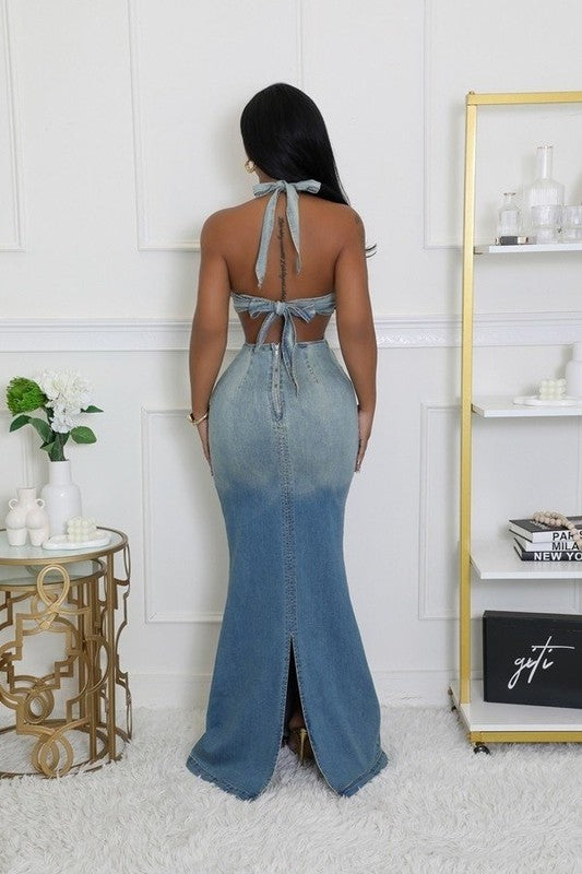 The Keep Up Halter Maxi Jean Dress