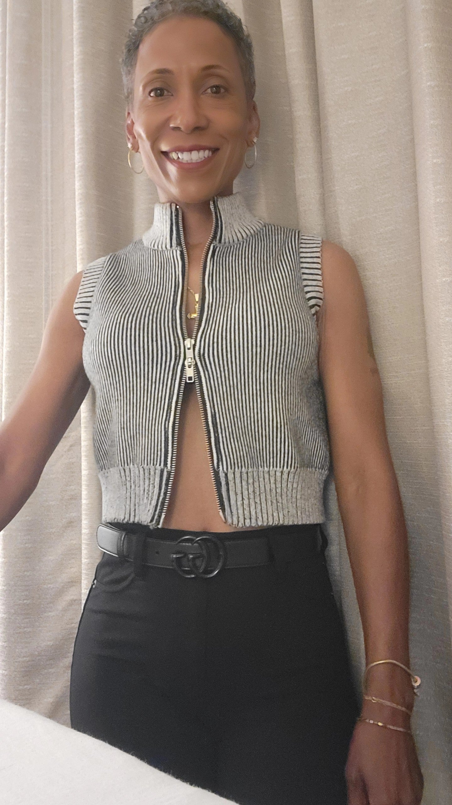 Grey stripped Zipped front Top