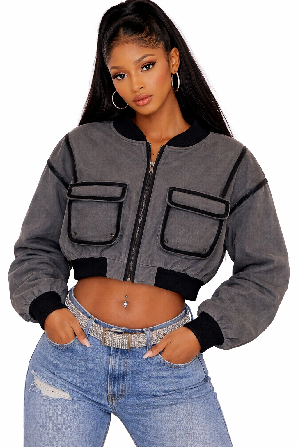 Grey With Black Trimming Cargo Jacket