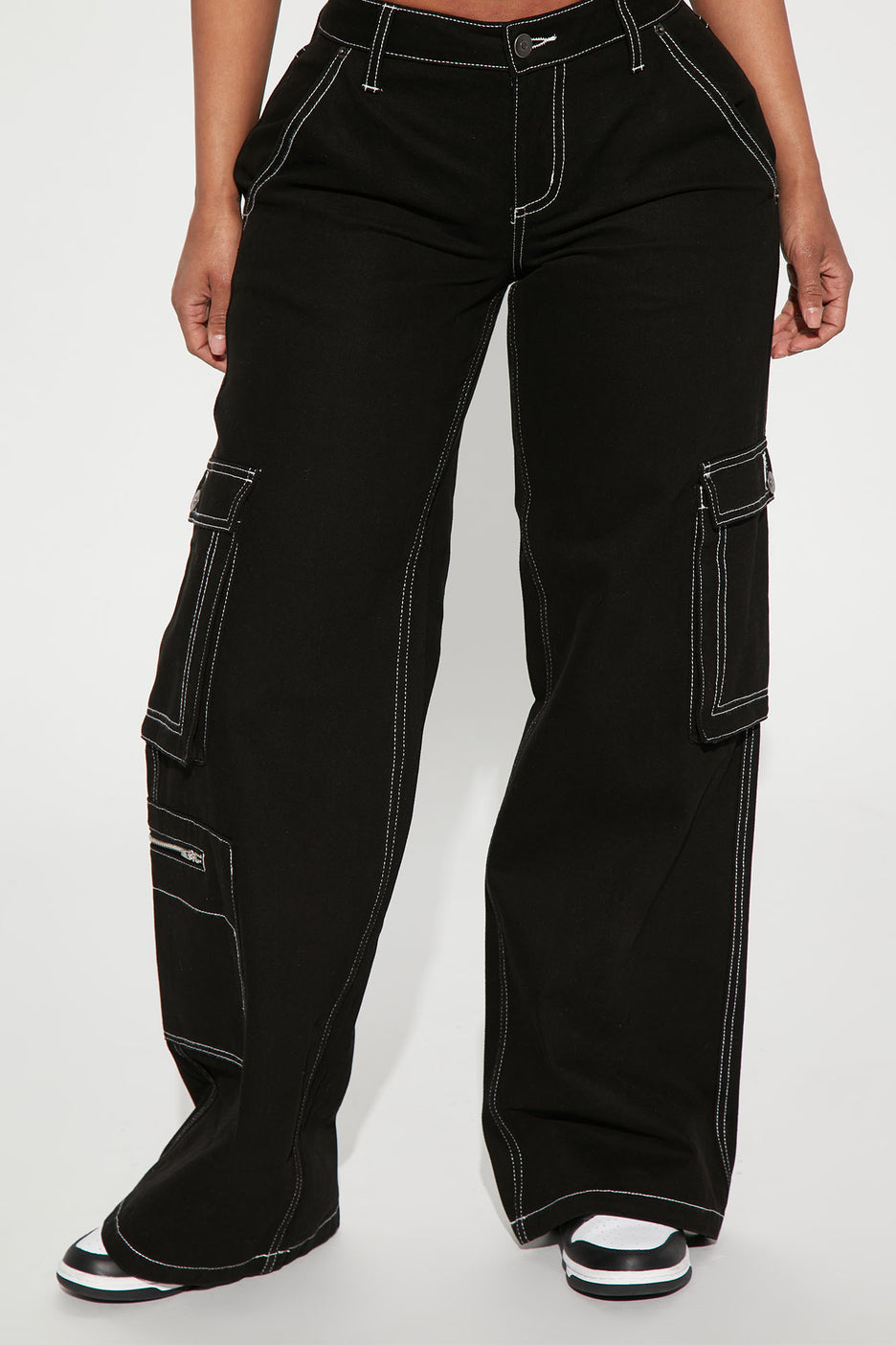 White Trim on Black Baggy Cargo Jeans