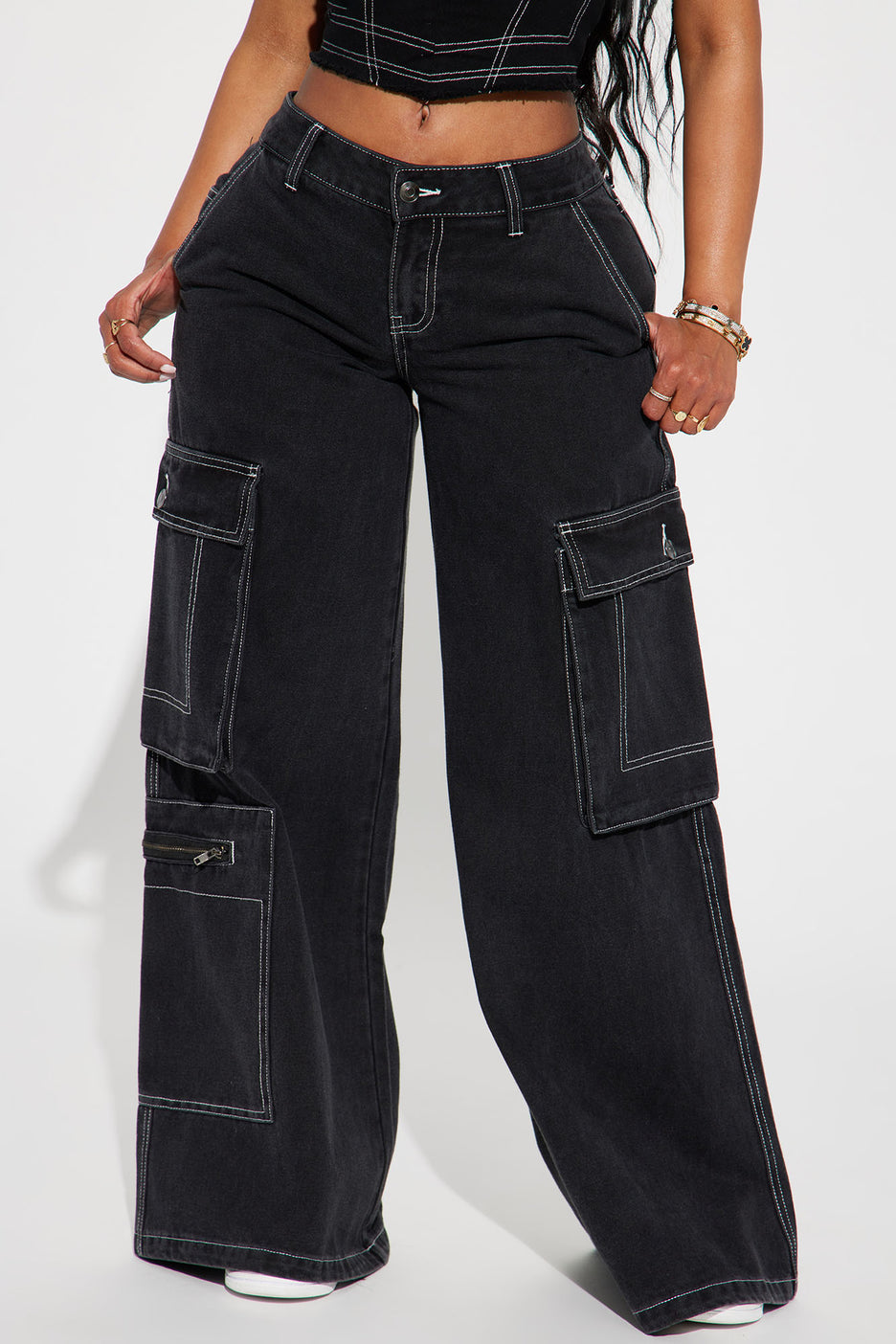 White Trim on Top of Black Cargo Jeans