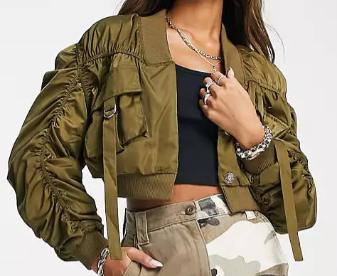 Green Stacked Sleeve Cargo Bomber Jacket